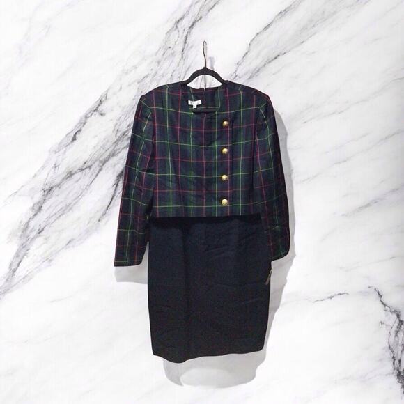 Vintage Talbots Wool Blend Navy Plaid Dress Suit Size 16 Formal Business Career - Picture 1 of 16
